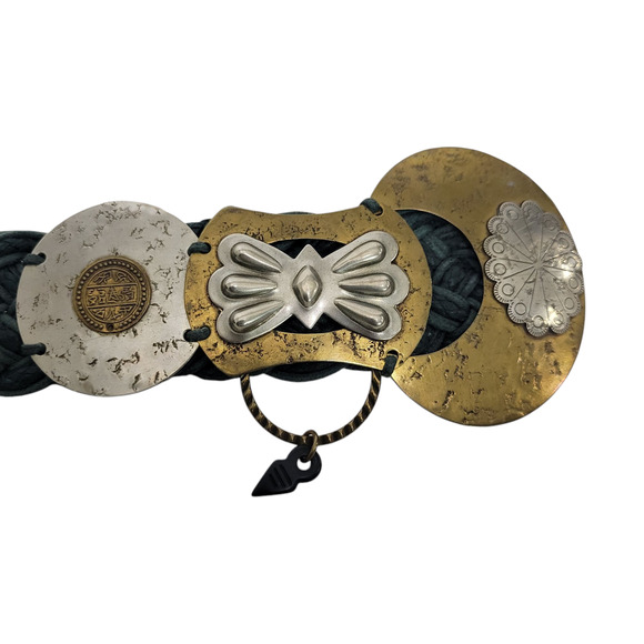Baer SF Braided Belt Green Waxed Embellished Mixed Metals Discs Artsy Handmade - Picture 10 of 16